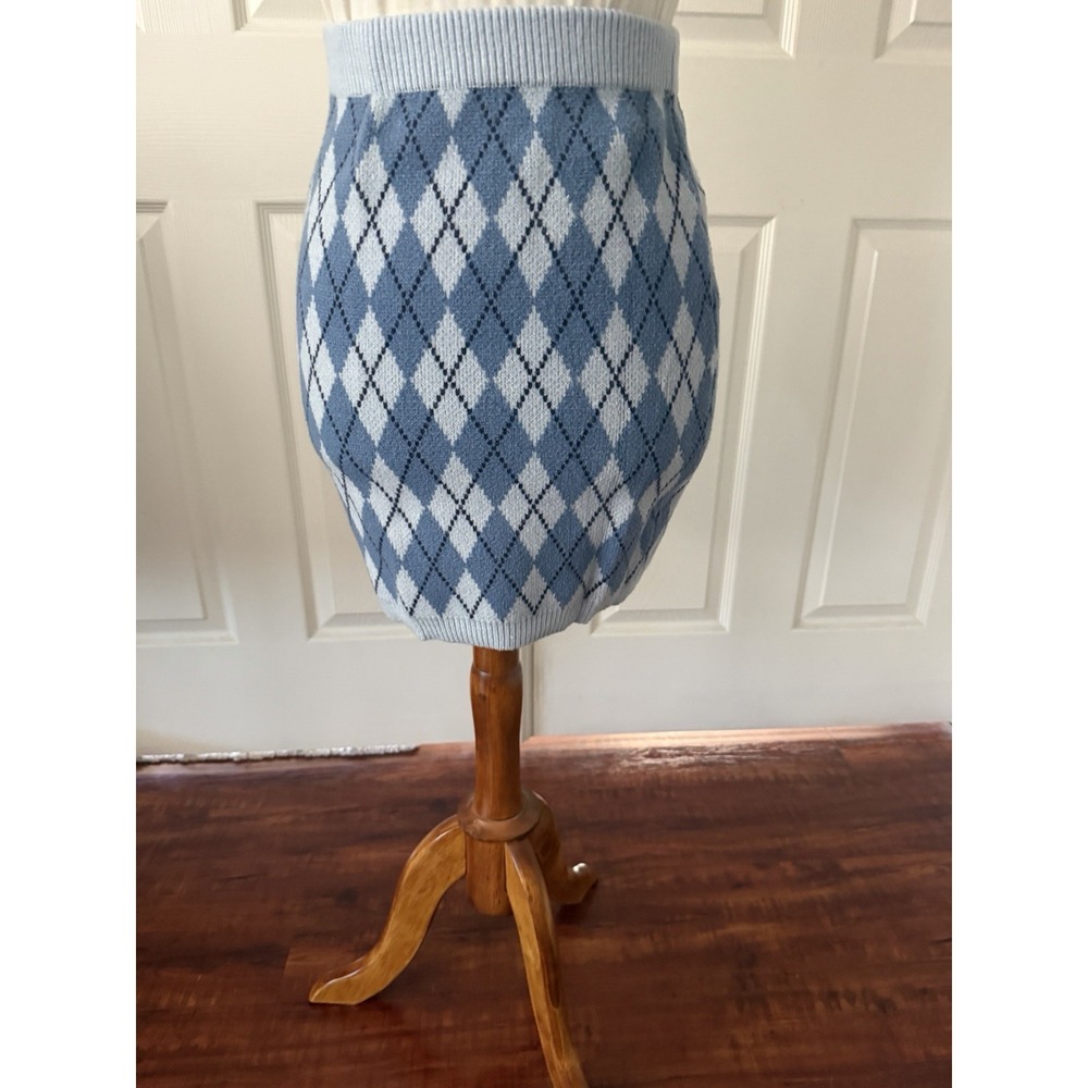 Blue Argyle Sweater Knit Mini Skirt Jr Large Y2K Preppy Academia Pencil School